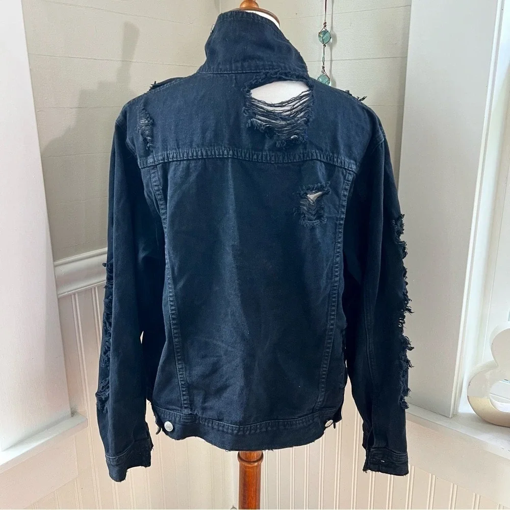 ASOS Thrashed Black Denim Trucker Jacket Destroyed Distressed Size Medium - Picture 4 of 14